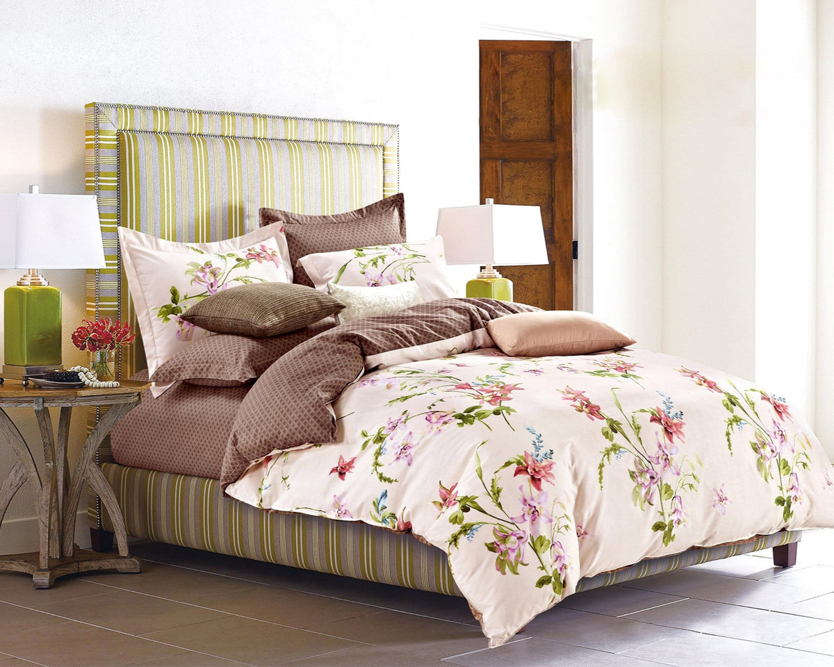 Pink And Gold Floral-Cotton Comforter Set.