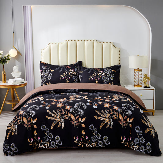 Black Botanical 3-Piece Microfiber Bedding Set: Duvet Cover and Pillow Shams