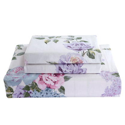 Pink Purple Roses 5 Piece 100% Cotton Bedding Set: Duvet Cover, Two Pillowcases and Two Pillow Shams