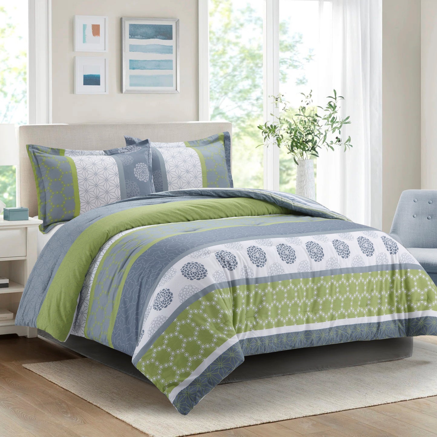 Swanson Beddings Serene Comforter Set: Comforter and Pillow Shams 100% Cotton Outer Shell with Geometric and Floral Pattern in Shades of Gray, White, and Green King