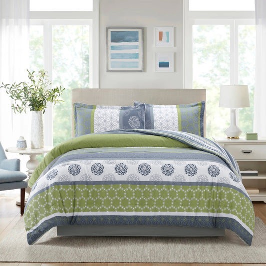 Swanson Beddings Serene Comforter Set: Comforter and Pillow Shams 100% Cotton Outer Shell with Geometric and Floral Pattern in Shades of Gray, White, and Green King