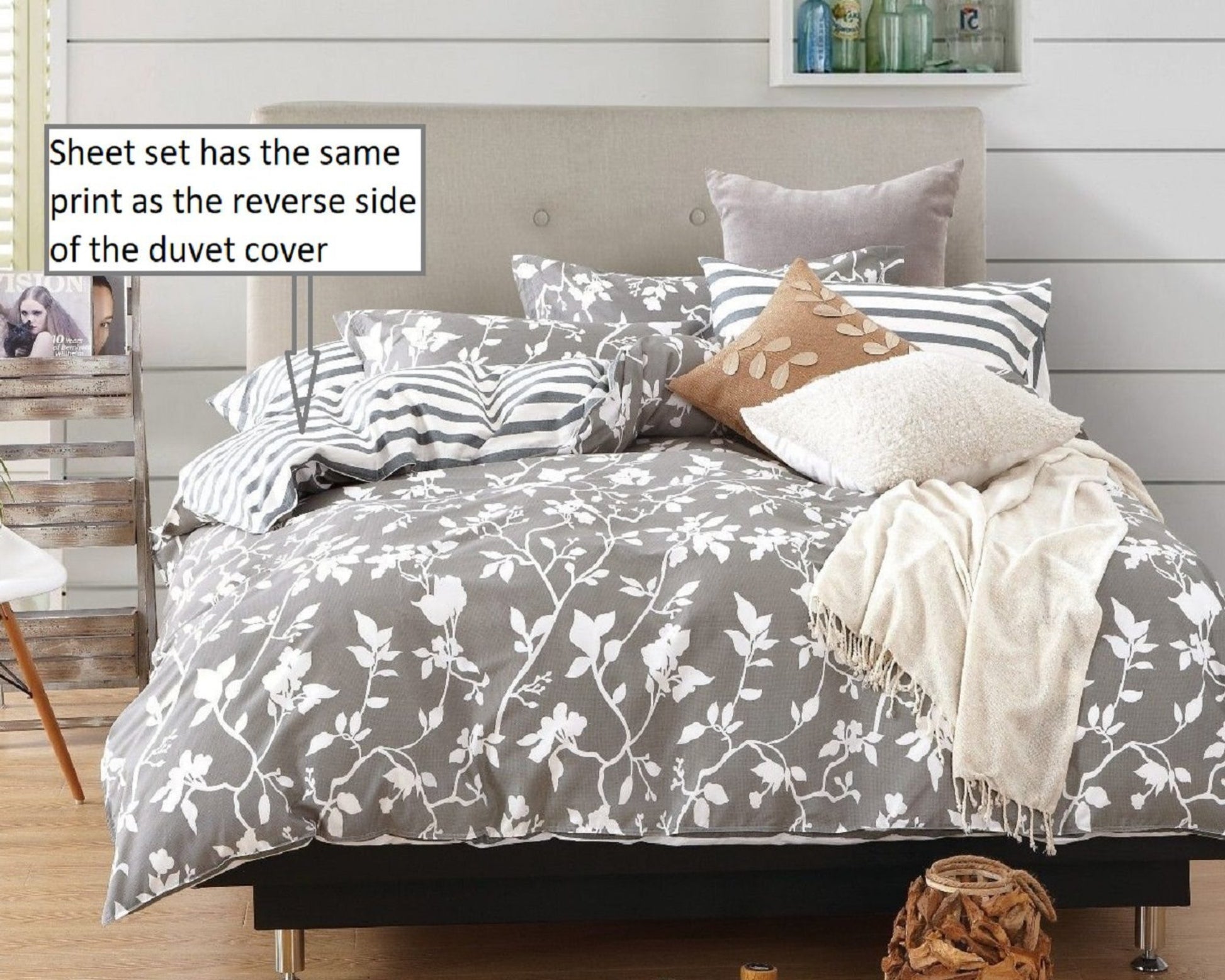 Leafy Vines Grey Cotton Duvet Cover Set, striped print at the reverse side.