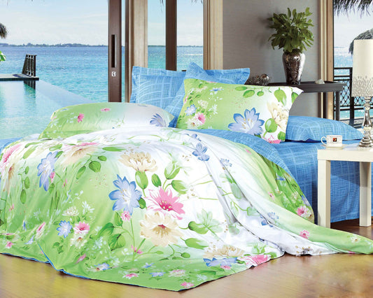 green floral cotton duvet cover set, blue grids at the reverse side.