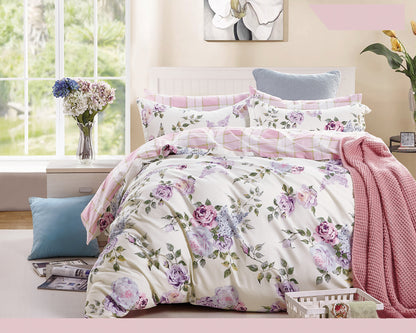 Pink Purple Roses 3 Piece 100% Cotton Bedding Set: Duvet Cover and Pillow Shams