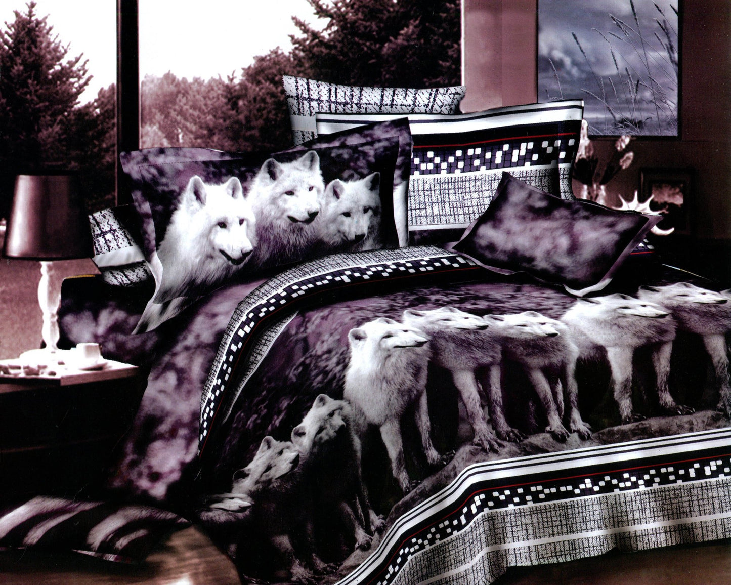 Wolves grey microfiber duvet cover set, Wolves print at the reverse side.