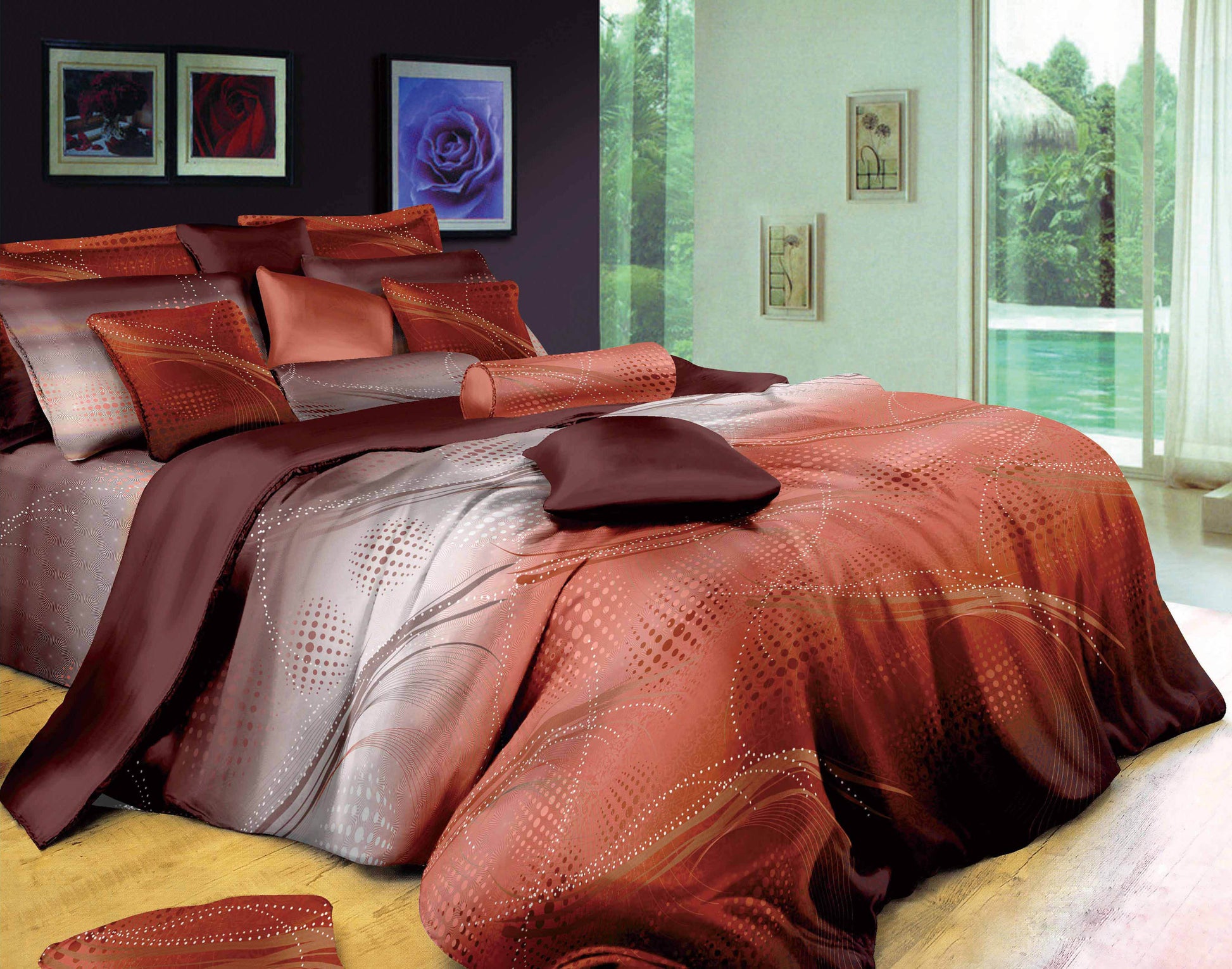 red luxury cotton duvet cover set, reversable.