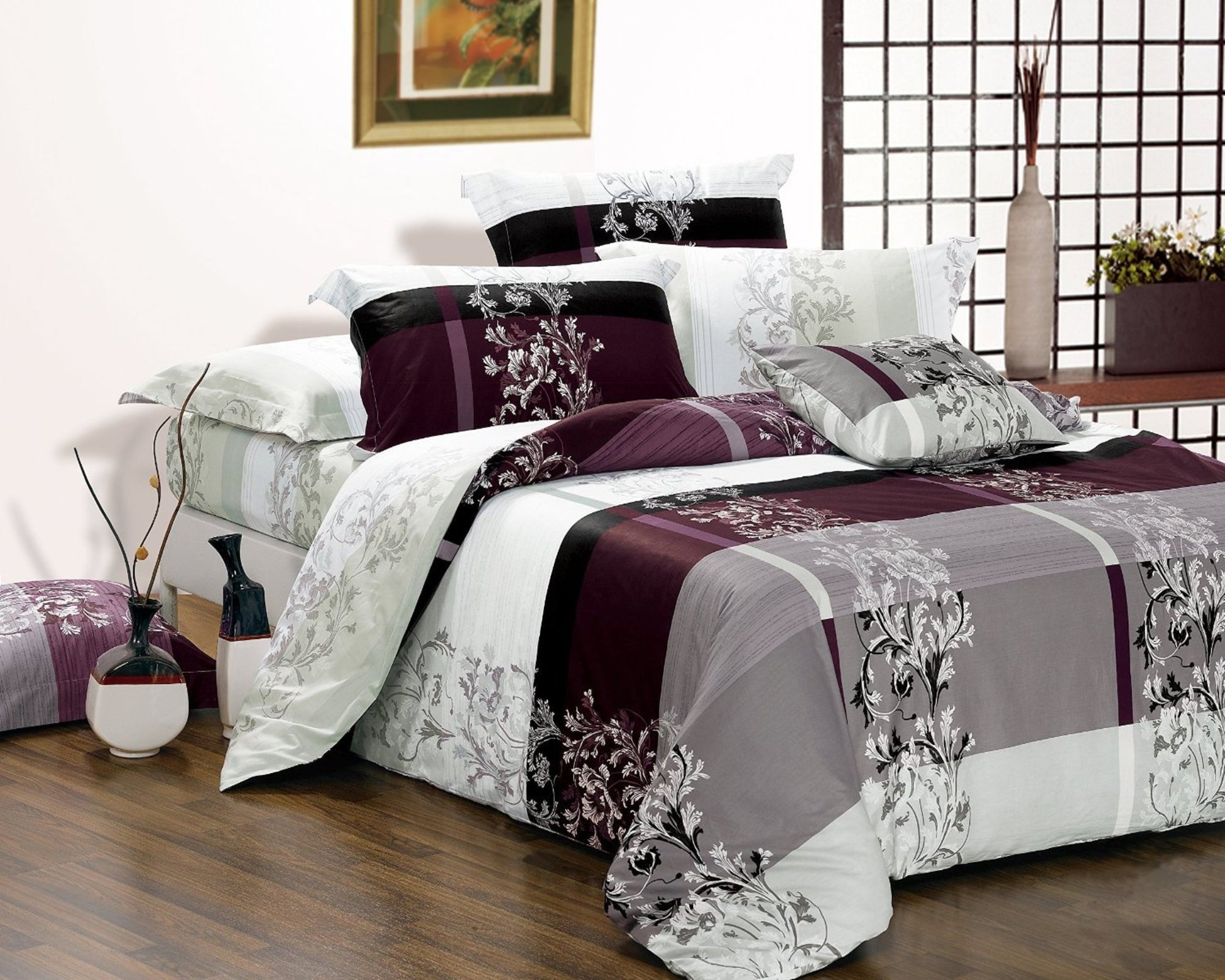 Purple floral cotton duvet cover set, floral print at the reverse side.