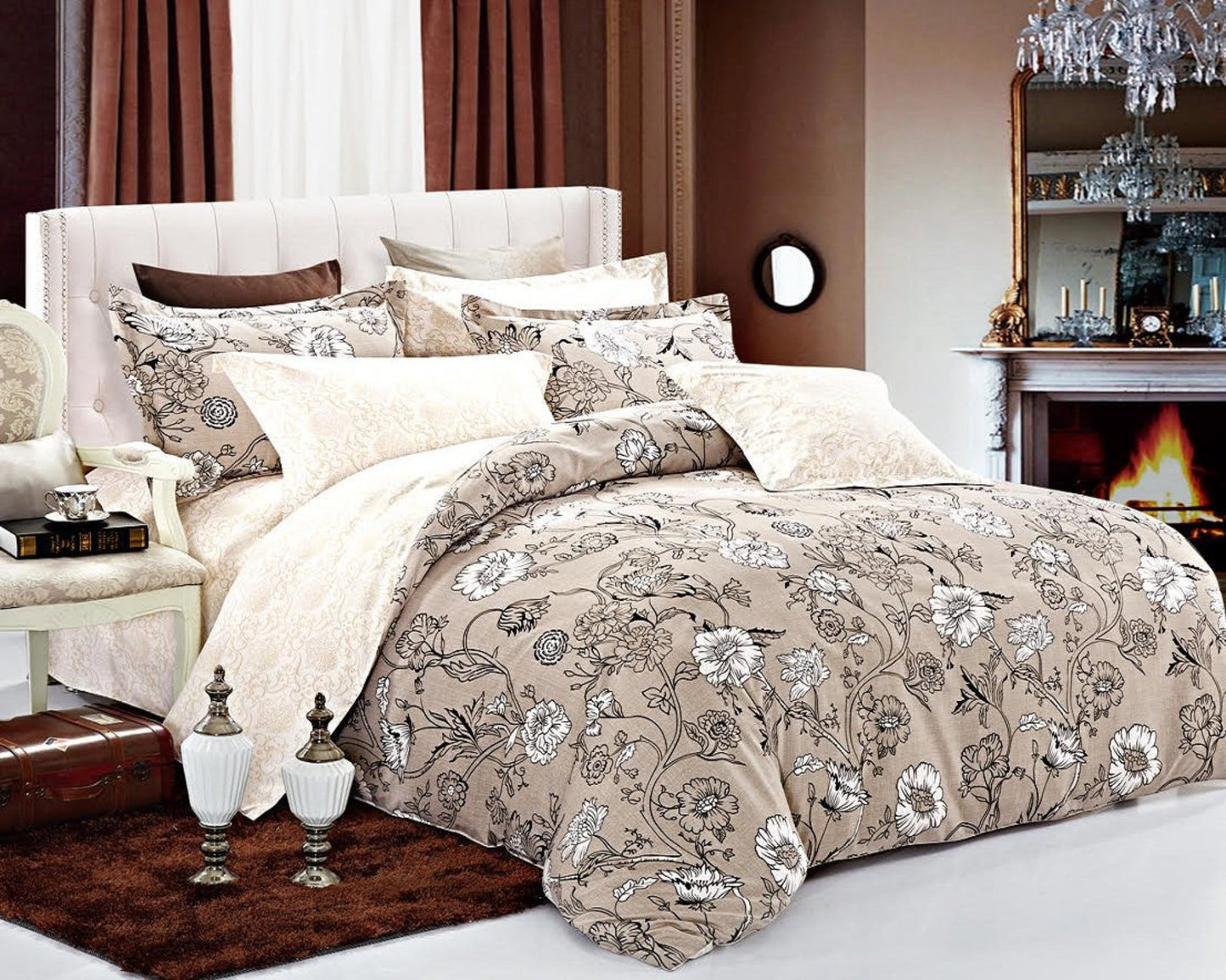 Brown floral microfiber duvet cover set, floral print at the reverse side.