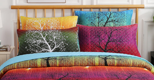 A Pair of Rainbow Tree Quilted Pillow Shams