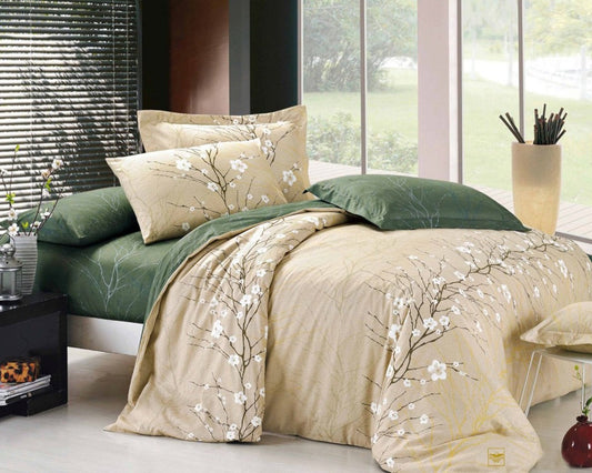 Cherry Blossom cream floral cotton duvet cover set, tree branches green print at the reverse side.